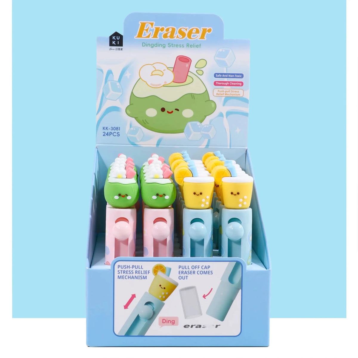 Cute Push Pull Stress Relief Eraser Kawaii Dessert & Bubble Tea Pencil Eraser for Kids