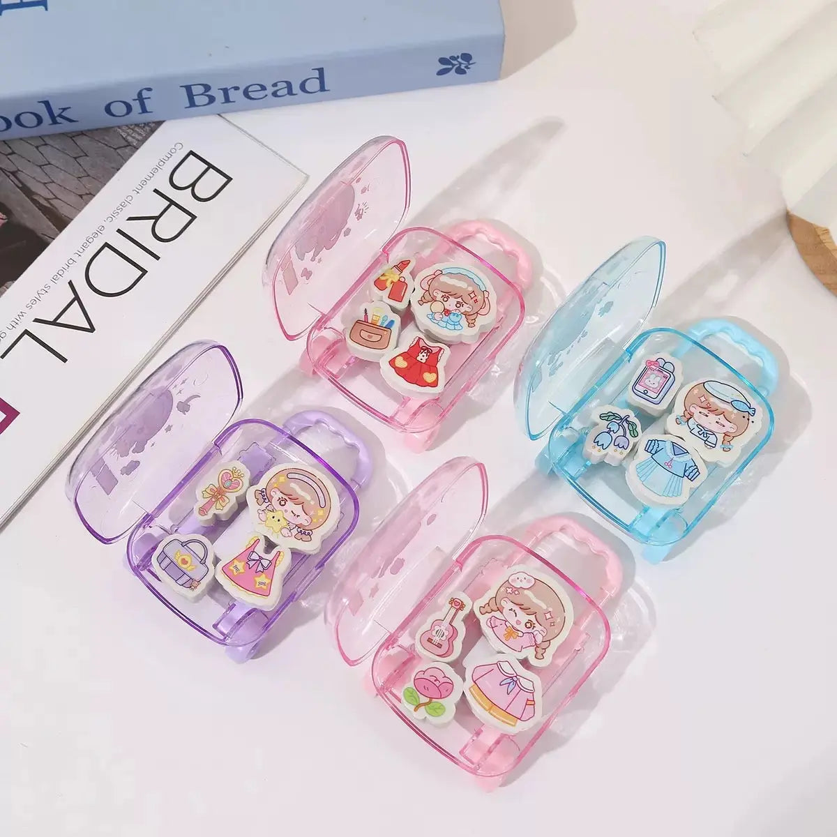 Cute Mini Suitcase Eraser Set Kawaii Cartoon Puzzle Erasers for Kids