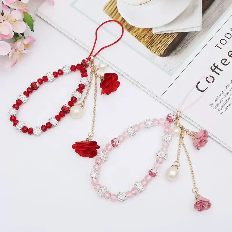 Elegant Beaded Phone Charm with Rose Pendant Aesthetic Wrist Strap Accessory