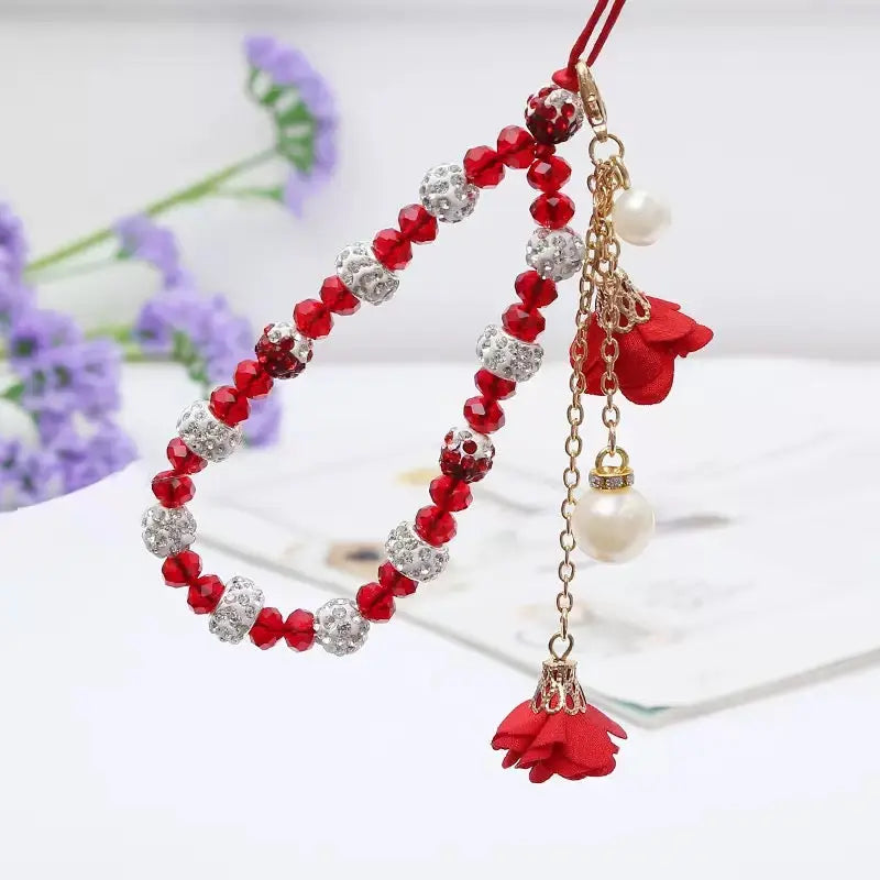 Elegant Beaded Phone Charm with Rose Pendant Aesthetic Wrist Strap Accessory