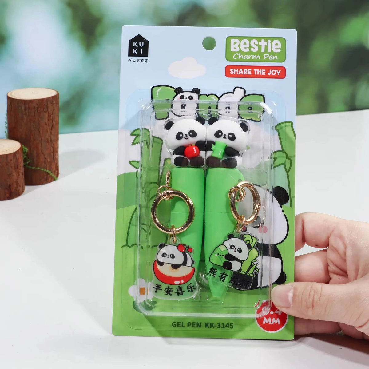 Bestie Panda Charm Gel Pen Set Cute Kawaii 0.4mm Black Ink Pens with Keychain