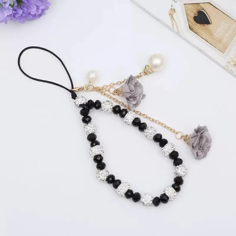 Elegant Beaded Phone Charm with Rose Pendant Aesthetic Wrist Strap Accessory