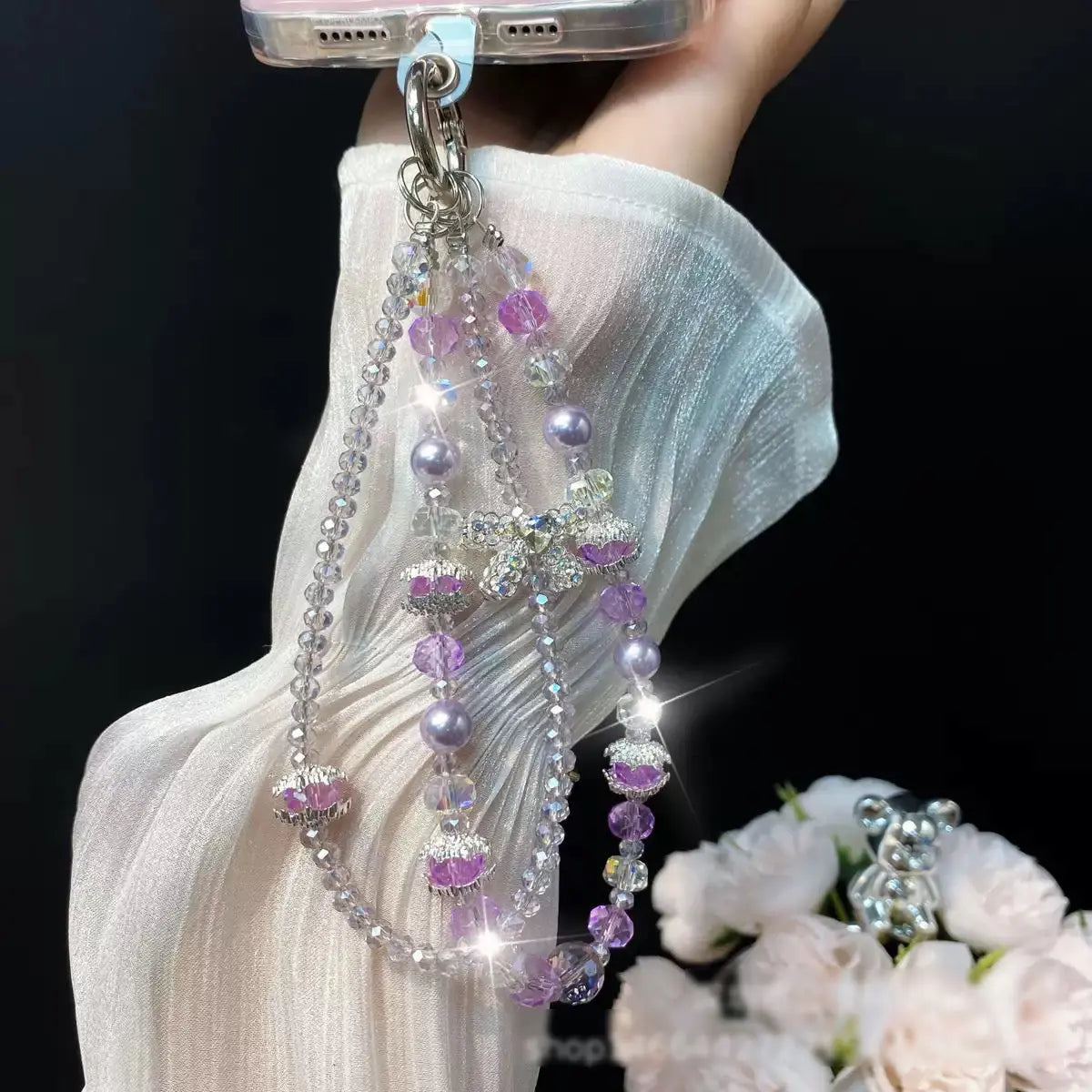 Luxury Crystal Beaded Phone Charm with Bow Pendant Elegant Wrist Strap Keychain