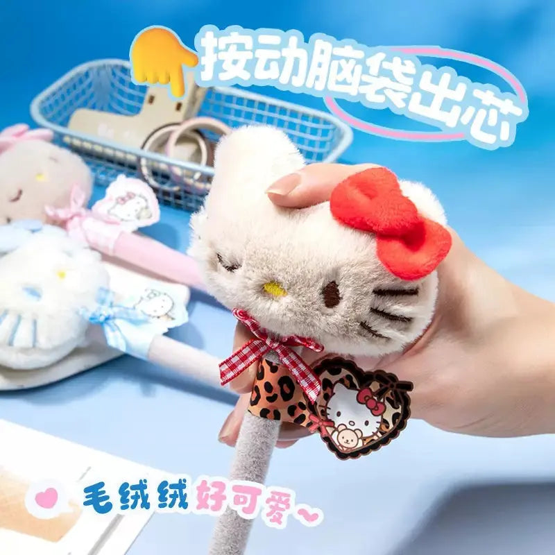 Cute Plush Kitty Push Gel Pen Soft Stuffed Character Black Ink Pen