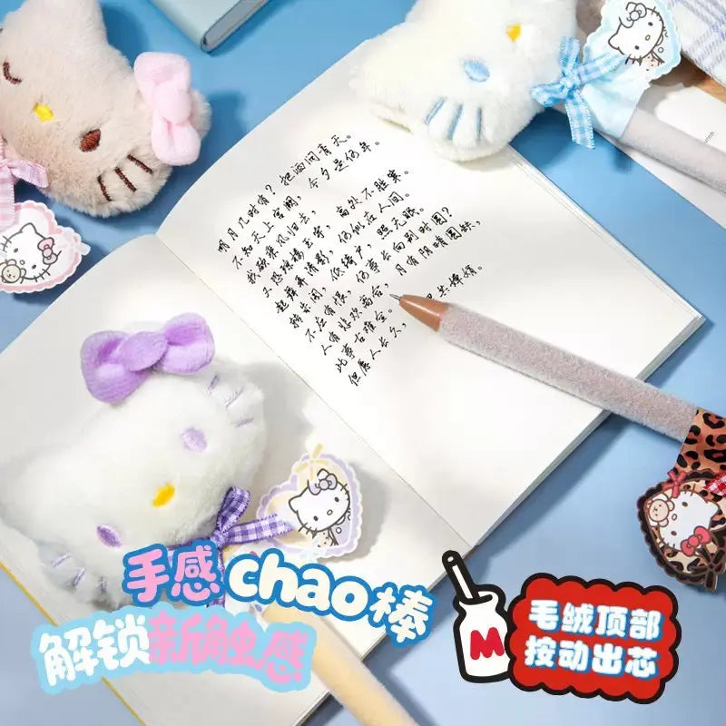 Cute Plush Kitty Push Gel Pen Soft Stuffed Character Black Ink Pen