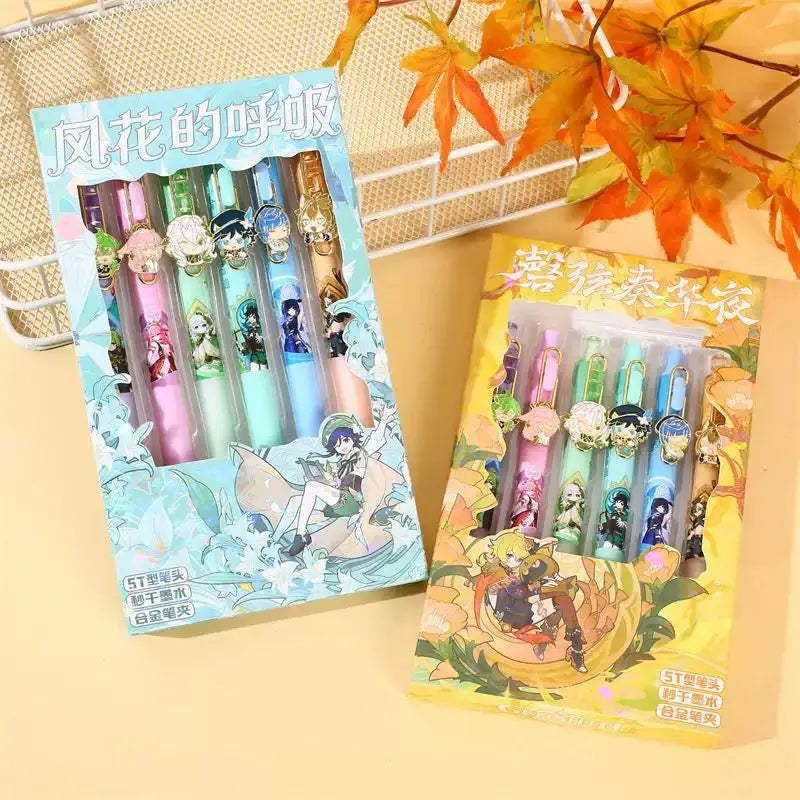 Genshin Impact Anime Gel Pen Set6 Colorful Character Pens (0.5mm Black Ink)