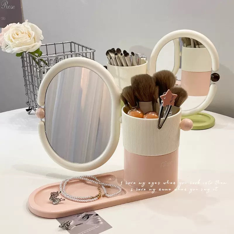 Vanity Mirror Organizer 360ยฐ Rotating Makeup Holder with Storage Tray
