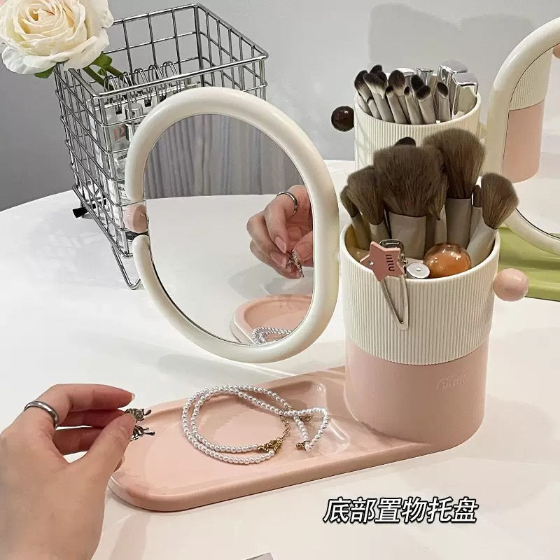 Vanity Mirror Organizer 360° Rotating Makeup Holder with Storage Tray