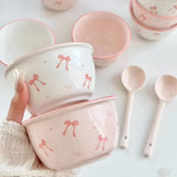 Pack Of 2 Kawaii Bow Ceramic Bowl & Spoon Set