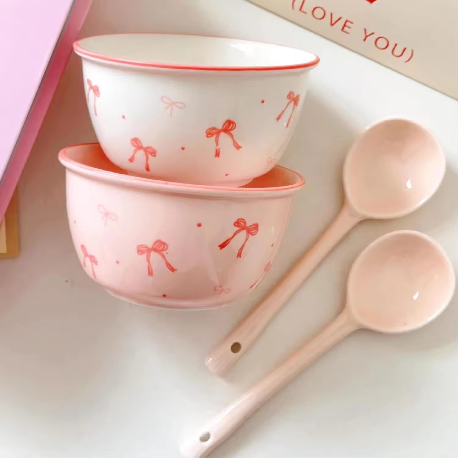 Pack Of 2 Kawaii Bow Ceramic Bowl & Spoon Set