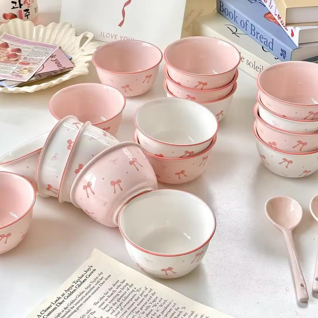 Pack Of 2 Kawaii Bow Ceramic Bowl & Spoon Set