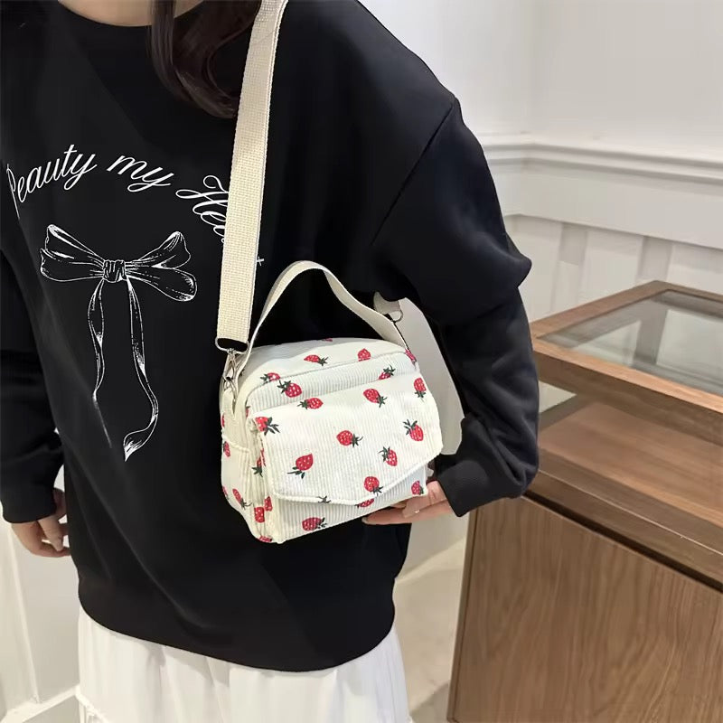 Cute Strawberry Print Corduroy Crossbody Bag