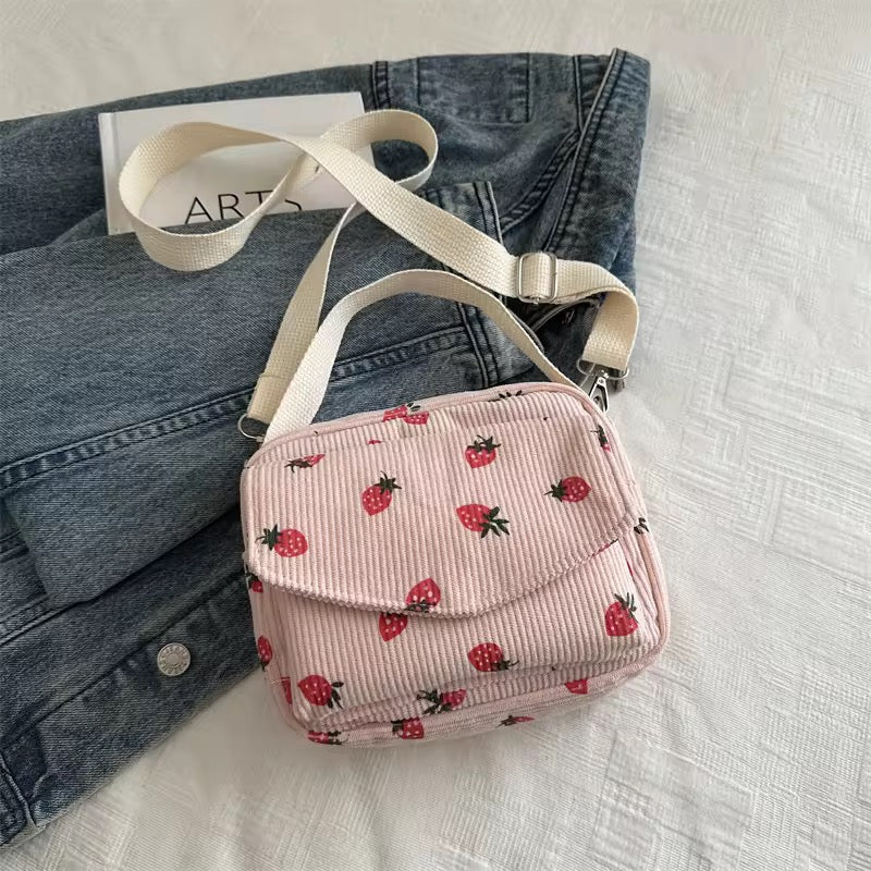 Cute Strawberry Print Corduroy Crossbody Bag
