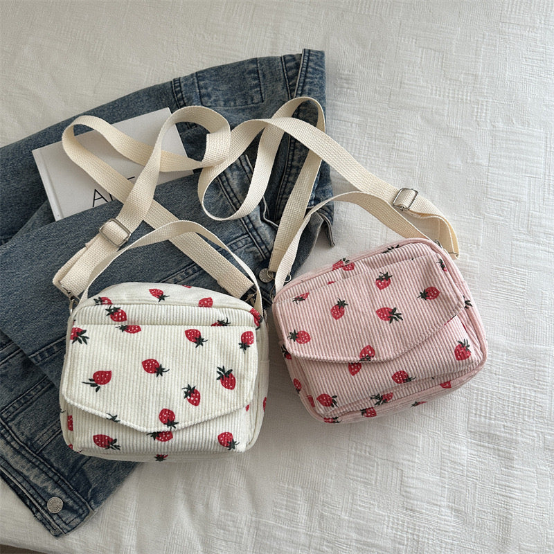 Cute Strawberry Print Corduroy Crossbody Bag