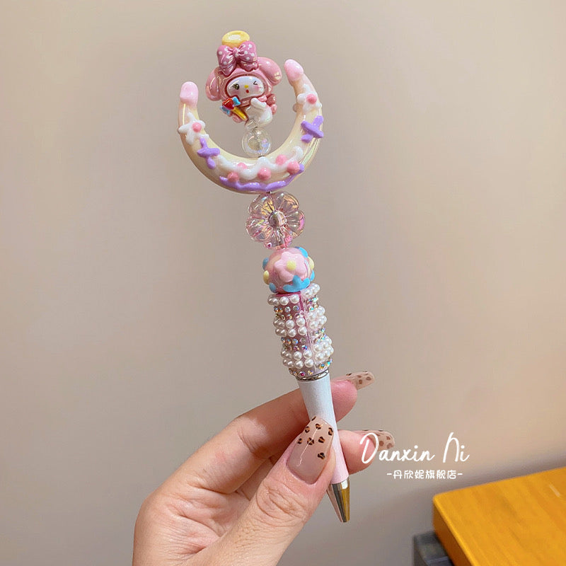 Kawaii Sanrio Inspired Sparkling Gel Pen Kuromi, Hello Kitty Melody Crystal Beaded Rotating Pen Black Ink