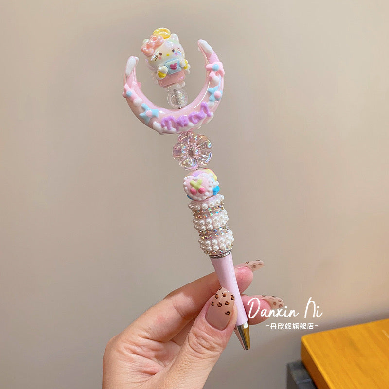 Kawaii Sanrio Inspired Sparkling Gel Pen Kuromi, Hello Kitty Melody Crystal Beaded Rotating Pen Black Ink