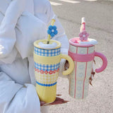 1200ml Mac Straw Thermos Cup Large Stainless Steel Tumbler with Handle & Lid Kawaii Travel Mug for Car, Office & Gifts