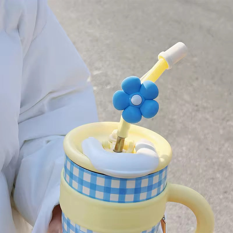 1200ml Mac Straw Thermos Cup Large Stainless Steel Tumbler with Handle & Lid Kawaii Travel Mug for Car, Office & Gifts