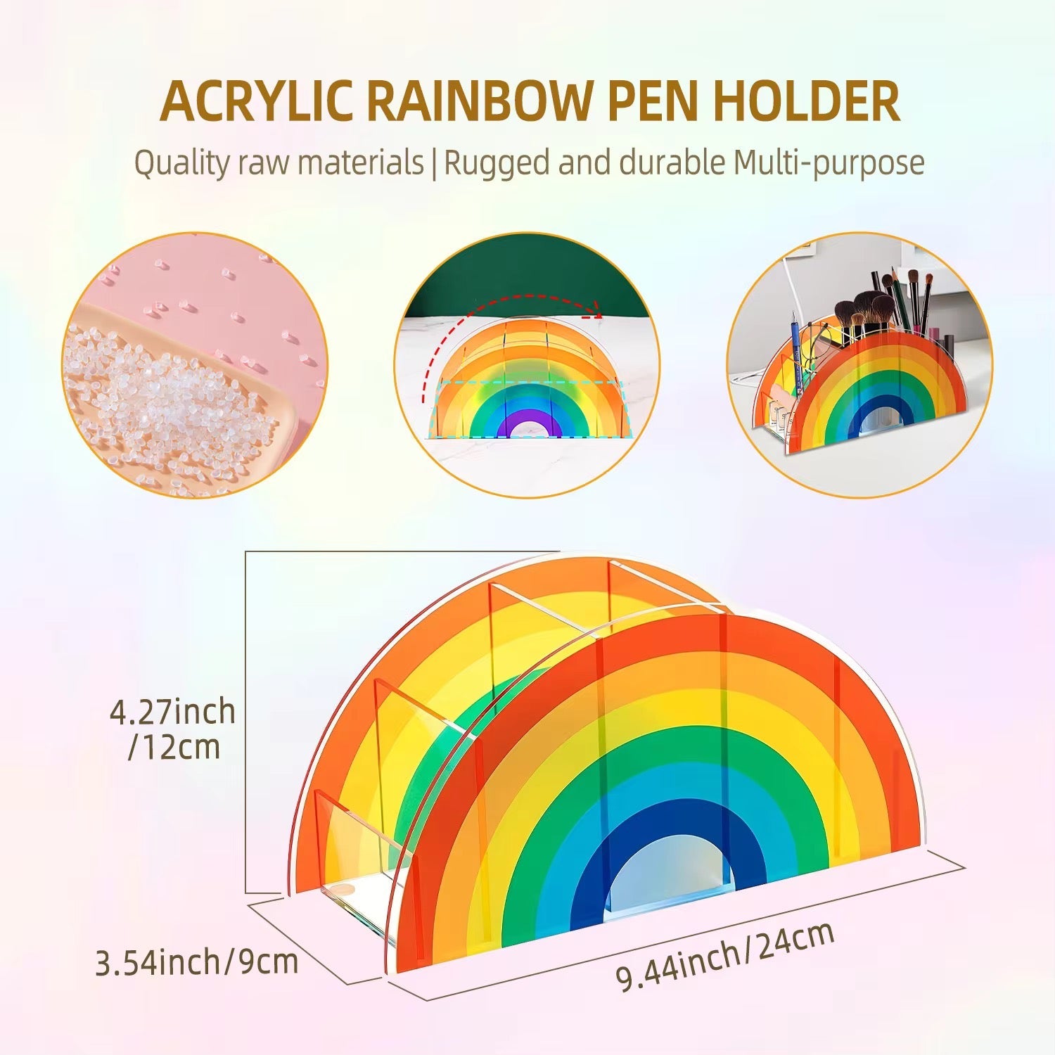 Acrylic Rainbow Pen & Brush Holder 5 Grid Colorful Arch Organizer for Desk Makeup Stationery & Art Supplies