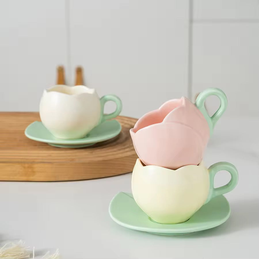 Ceramic Mini Tulip Coffee Mug With Saucers