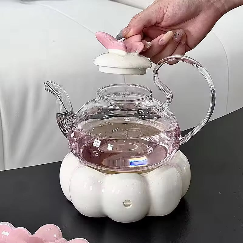 Flower Glass Teapot Set with Candle Warmer Elegant Home Tea Set with Cup & Heater High Beauty Floral Tea Experience