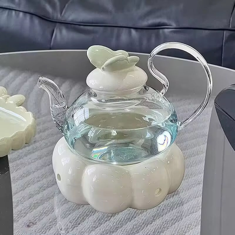 Flower Glass Teapot Set with Candle Warmer Elegant Home Tea Set with Cup & Heater High Beauty Floral Tea Experience