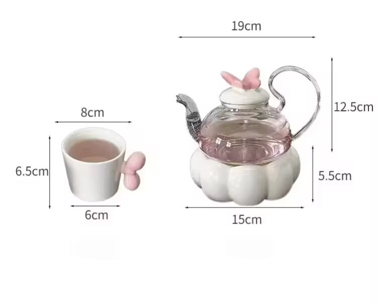 Flower Glass Teapot Set with Candle Warmer Elegant Home Tea Set with Cup & Heater High Beauty Floral Tea Experience