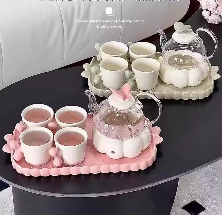 Flower Glass Teapot Set with Candle Warmer Elegant Home Tea Set with Cup & Heater High Beauty Floral Tea Experience