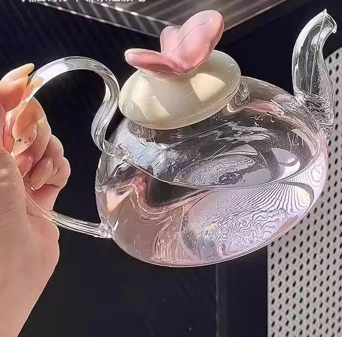 Flower Glass Teapot Set with Candle Warmer Elegant Home Tea Set with Cup & Heater High Beauty Floral Tea Experience
