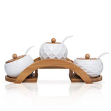 Handmade Ceramic Spice Jar Set with Bamboo Rack 3Piece Condiment Storage