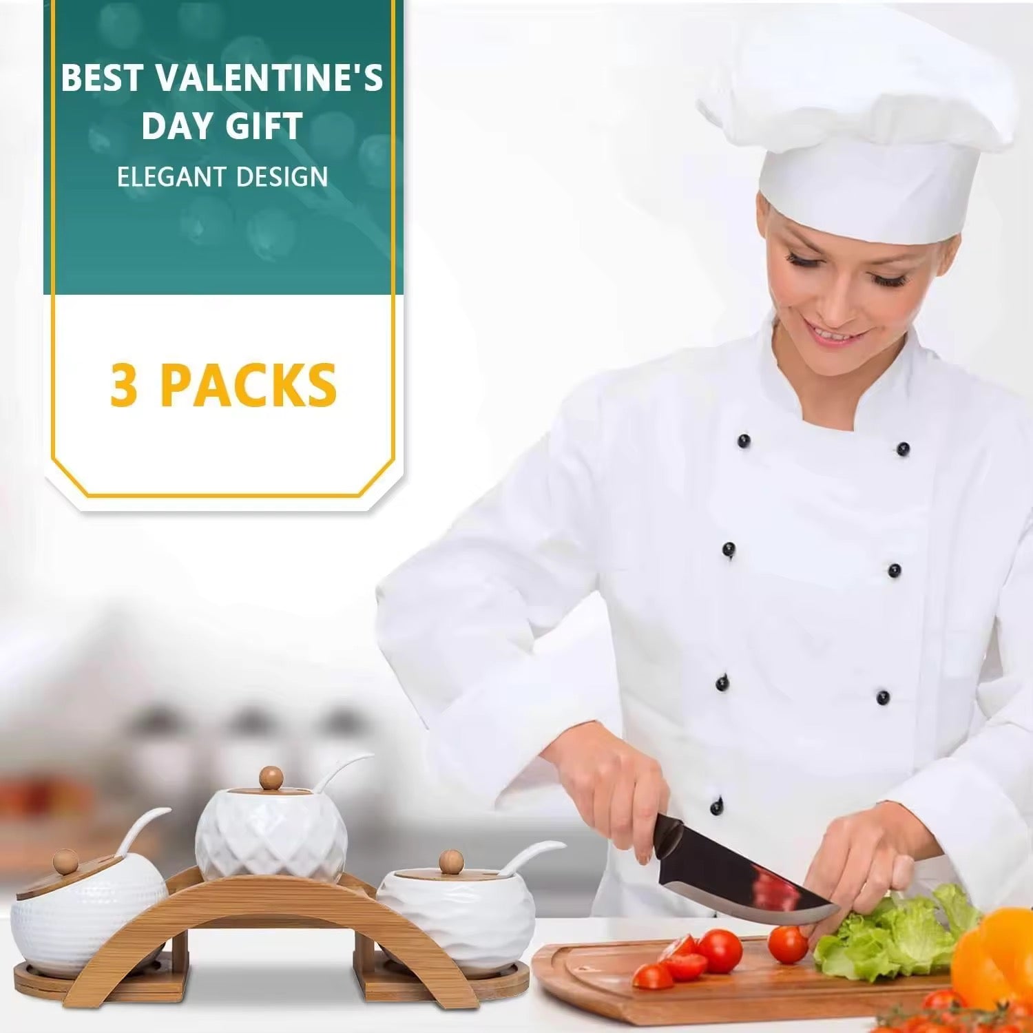 Handmade Ceramic Spice Jar Set with Bamboo Rack 3Piece Condiment Storage