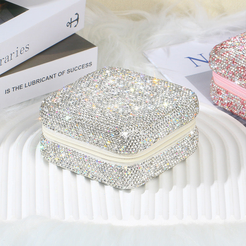 Rhinestone Jewelry Case Portable Sparkling Organizer Box for Rings, Earrings & Necklace