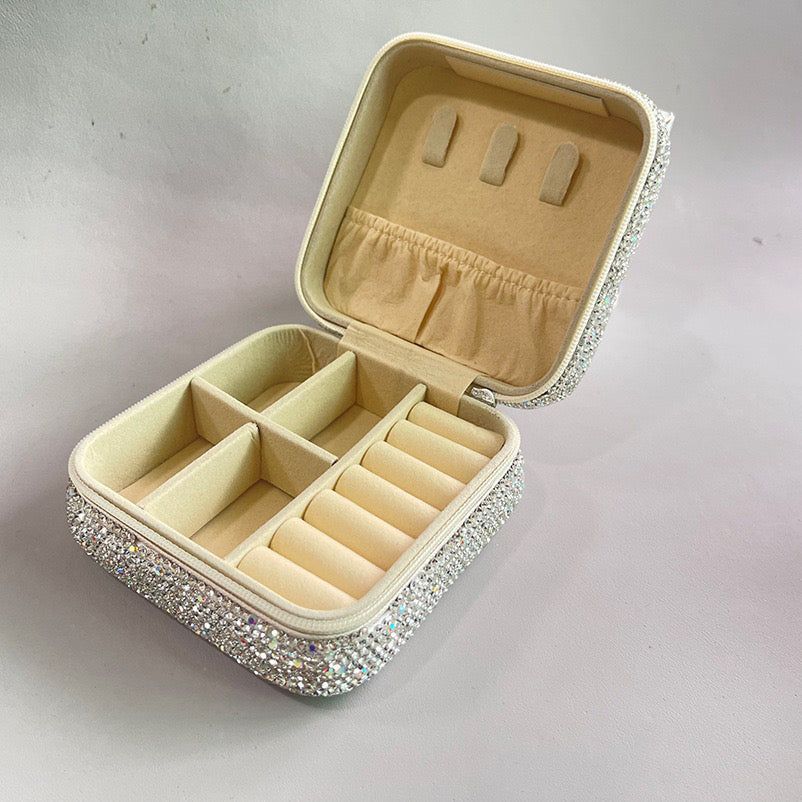 Rhinestone Jewelry Case Portable Sparkling Organizer Box for Rings, Earrings & Necklace