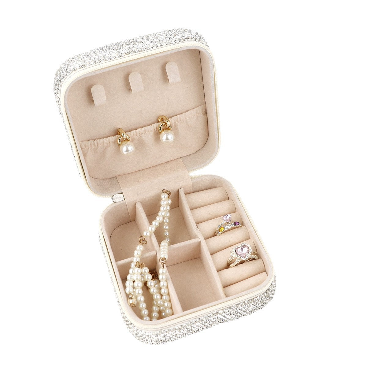 Rhinestone Jewelry Case Portable Sparkling Organizer Box for Rings, Earrings & Necklace