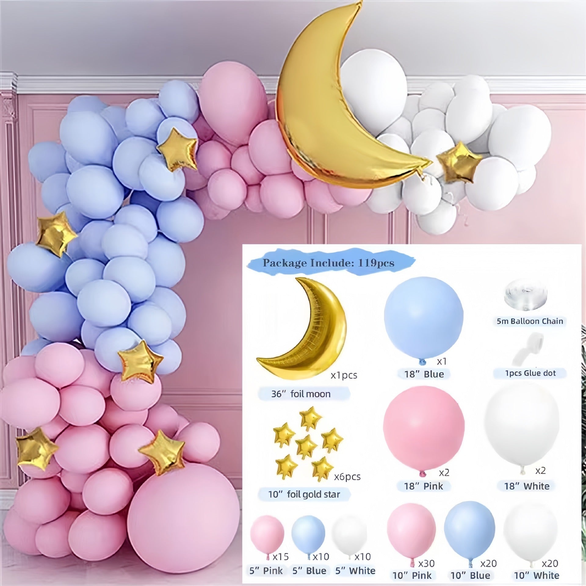 119 pcs Moon & Stars Balloon Garland Set