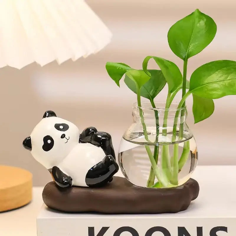 Cute Panda Hydroponic Plant Vase Ceramic Animal Planter with Glass Propagation Vase
