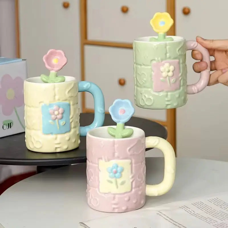 Pastel Flower Ceramic Mug with Floral Spoon Cute Aesthetic Coffee Cup Gift Set