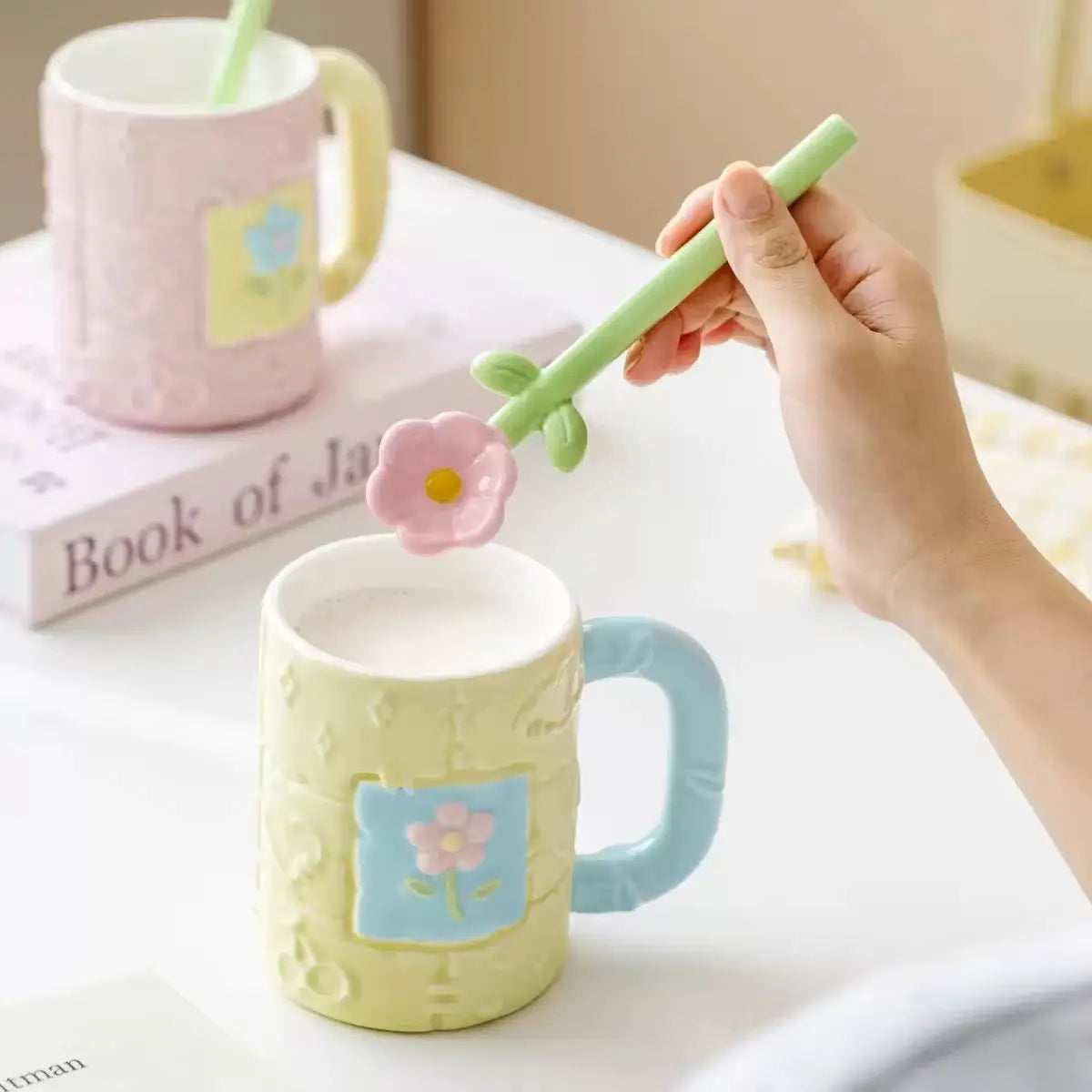 Pastel Flower Ceramic Mug with Floral Spoon Cute Aesthetic Coffee Cup Gift Set