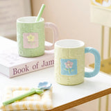 Pastel Flower Ceramic Mug with Floral Spoon Cute Aesthetic Coffee Cup Gift Set