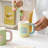 Pastel Flower Ceramic Mug with Floral Spoon Cute Aesthetic Coffee Cup Gift Set