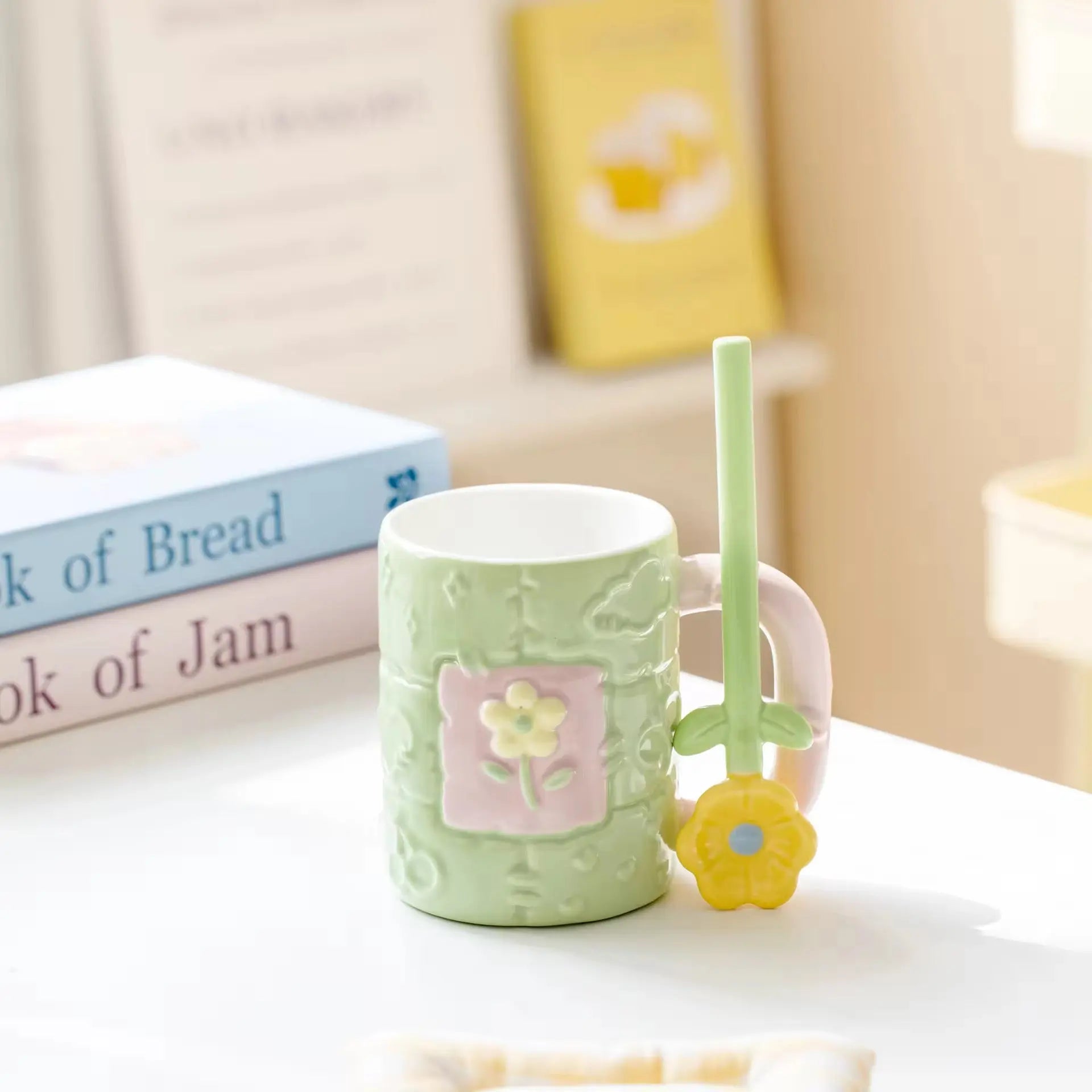 Pastel Flower Ceramic Mug with Floral Spoon Cute Aesthetic Coffee Cup Gift Set