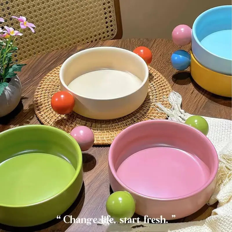 Cute Ear Handle Ceramic Pet Bowl Pastel Raised Food & Water Bowl