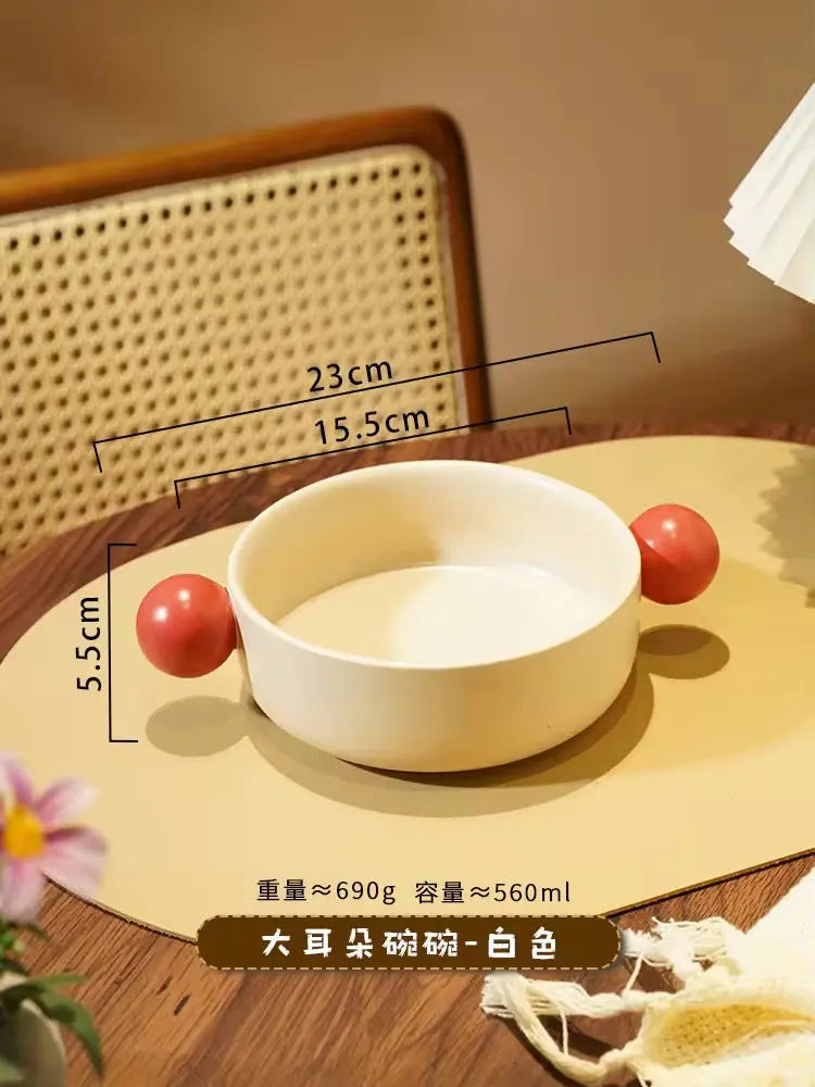 Cute Ear Handle Ceramic Pet Bowl Pastel Raised Food & Water Bowl