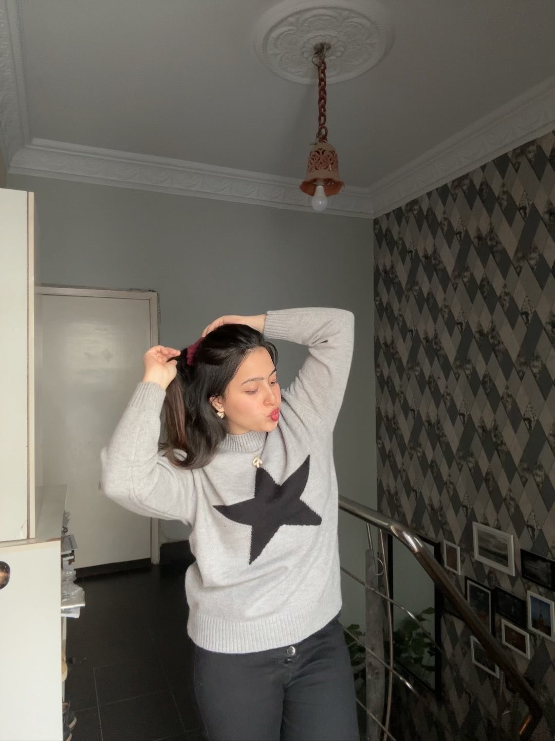 Stars Pattern Knitted Sweater Women Winter O-Neck Casual Pullover