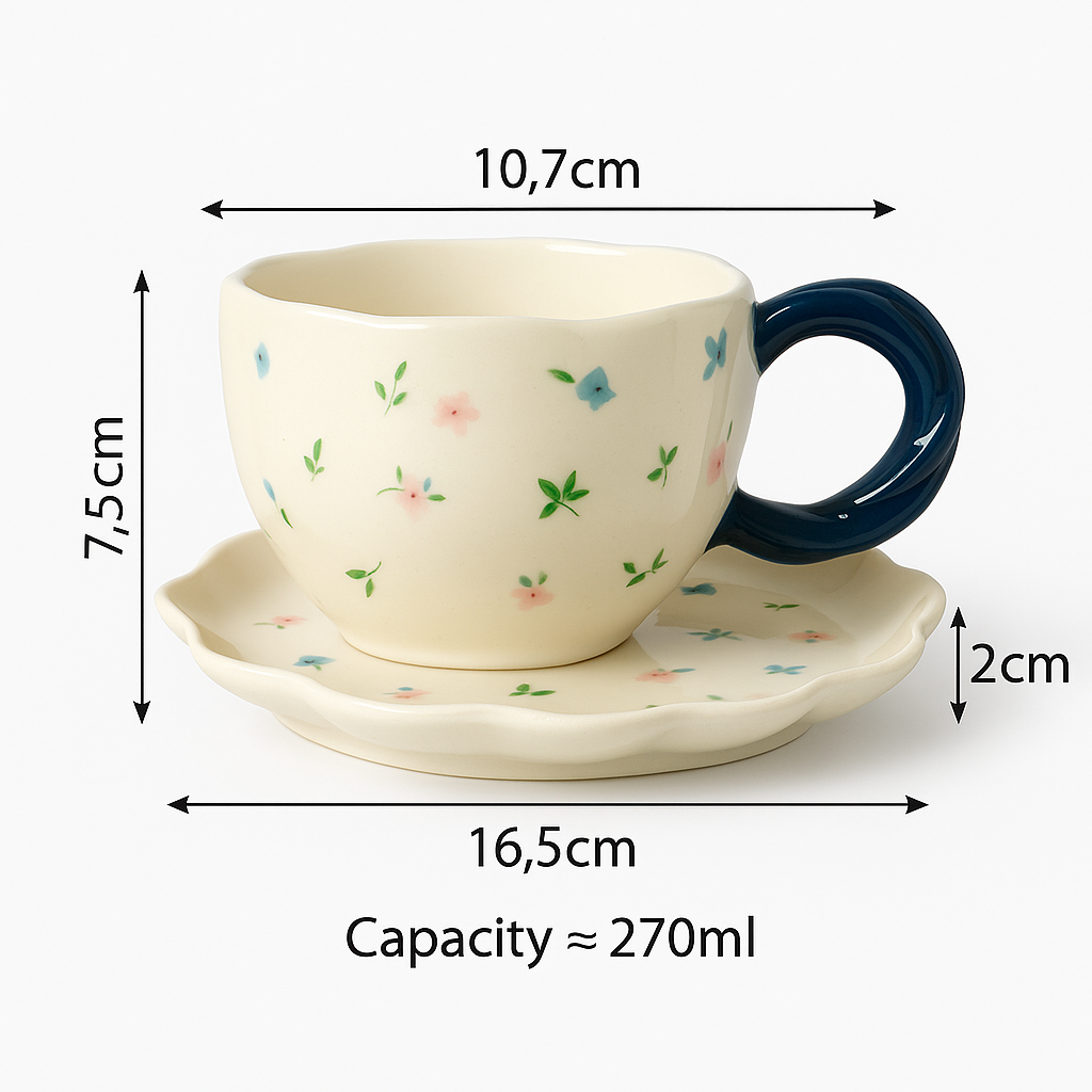 Patterned Ceramic Cup & Scalloped Saucer Set