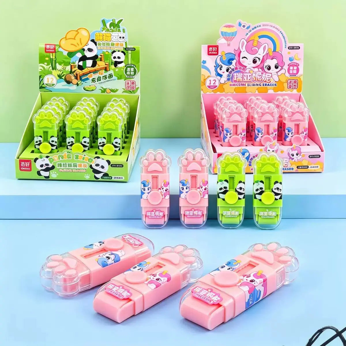 Cute Sliding Eraser with Protective Case Panda & Unicorn Paw Design