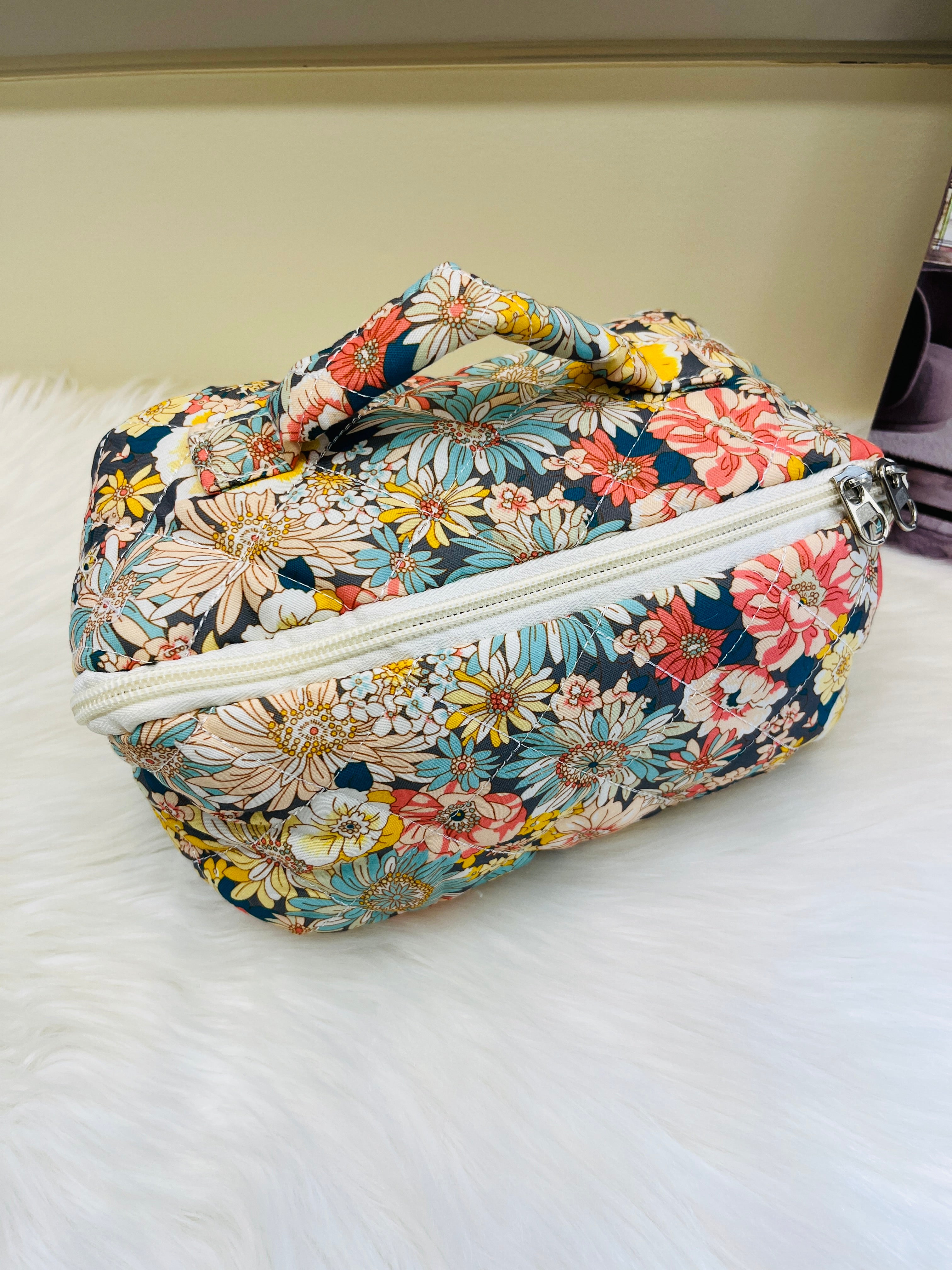 Quilted Floral Travel Cosmetic Bag Multi Pattern Makeup & Toiletry Organizer
