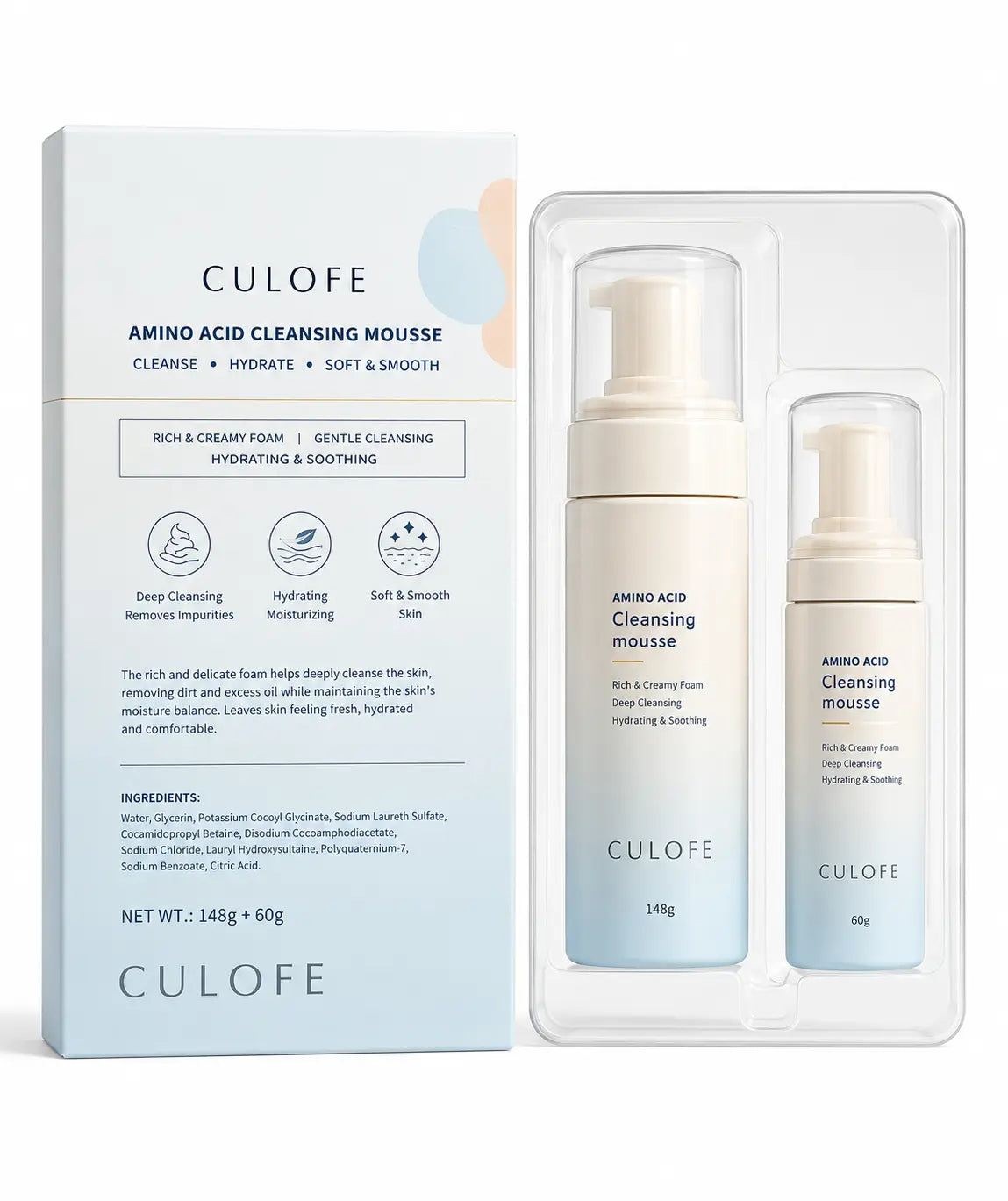 Cleansing Mousse Set Deep Cleansing Hydrating Facial Foam Cleanser (148g + 60g)