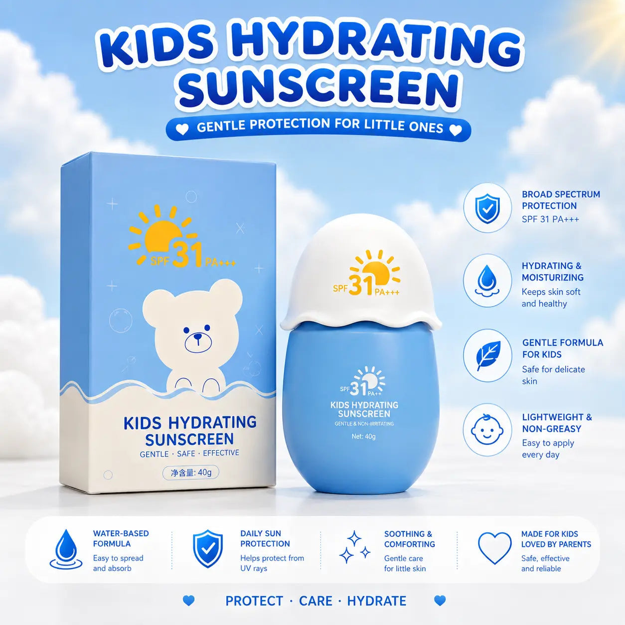 Kids Hydrating Sunscreen SPF 31 PA+++ Gentle Moisturizing Sun Protection for Children (40g)