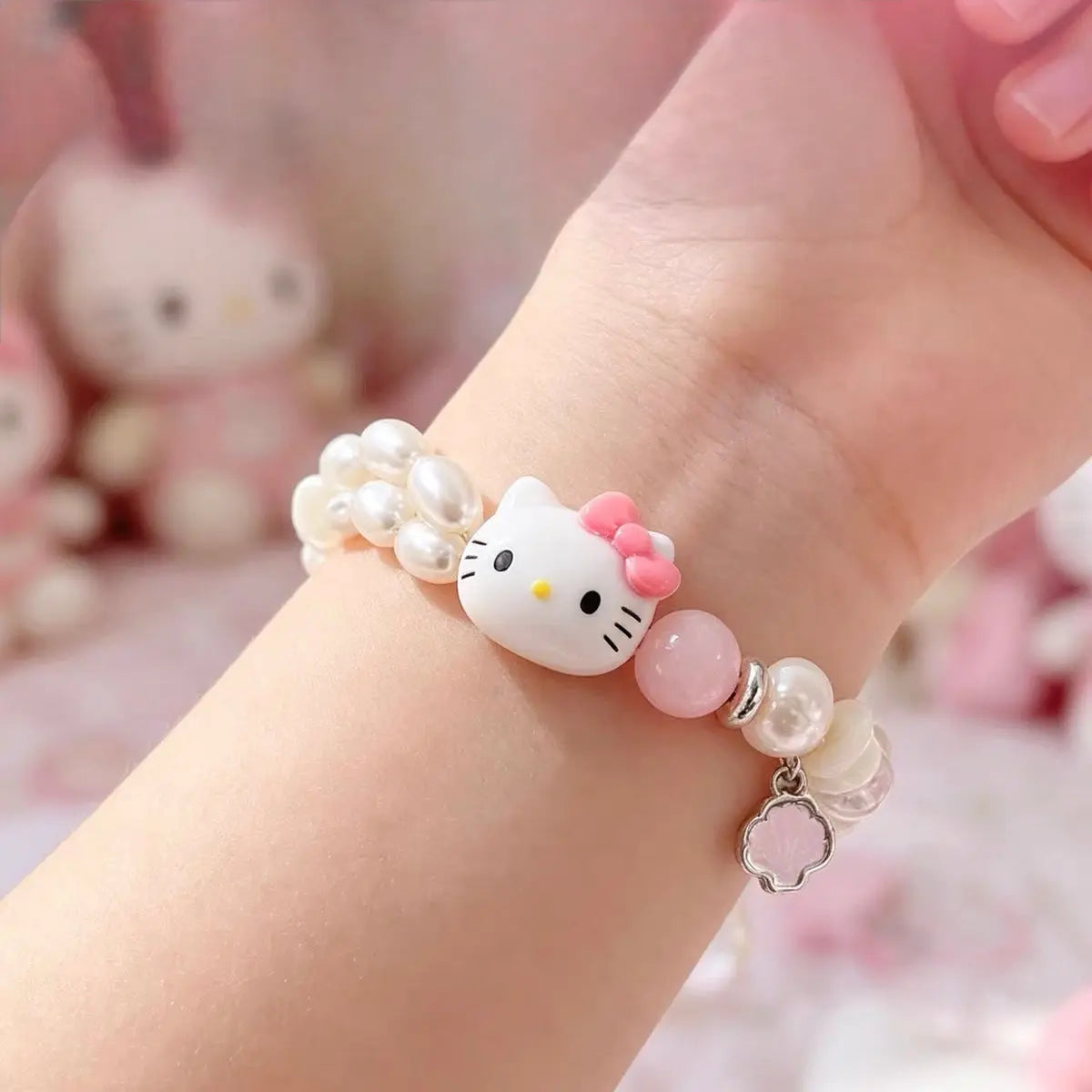 Cute Kitty Pearl Beaded Bracelet Kawaii Adjustable Charm Bracelet for Girls